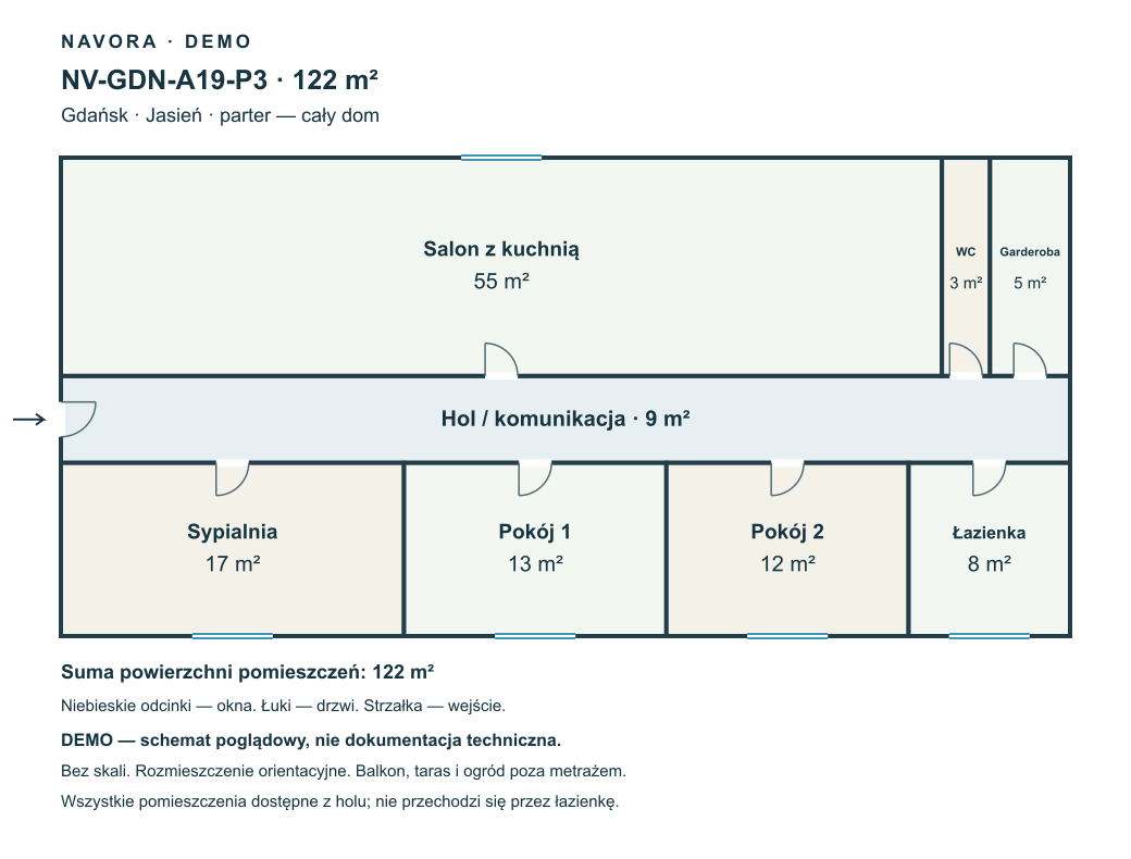 DEMO — schemat 122 m² · parter