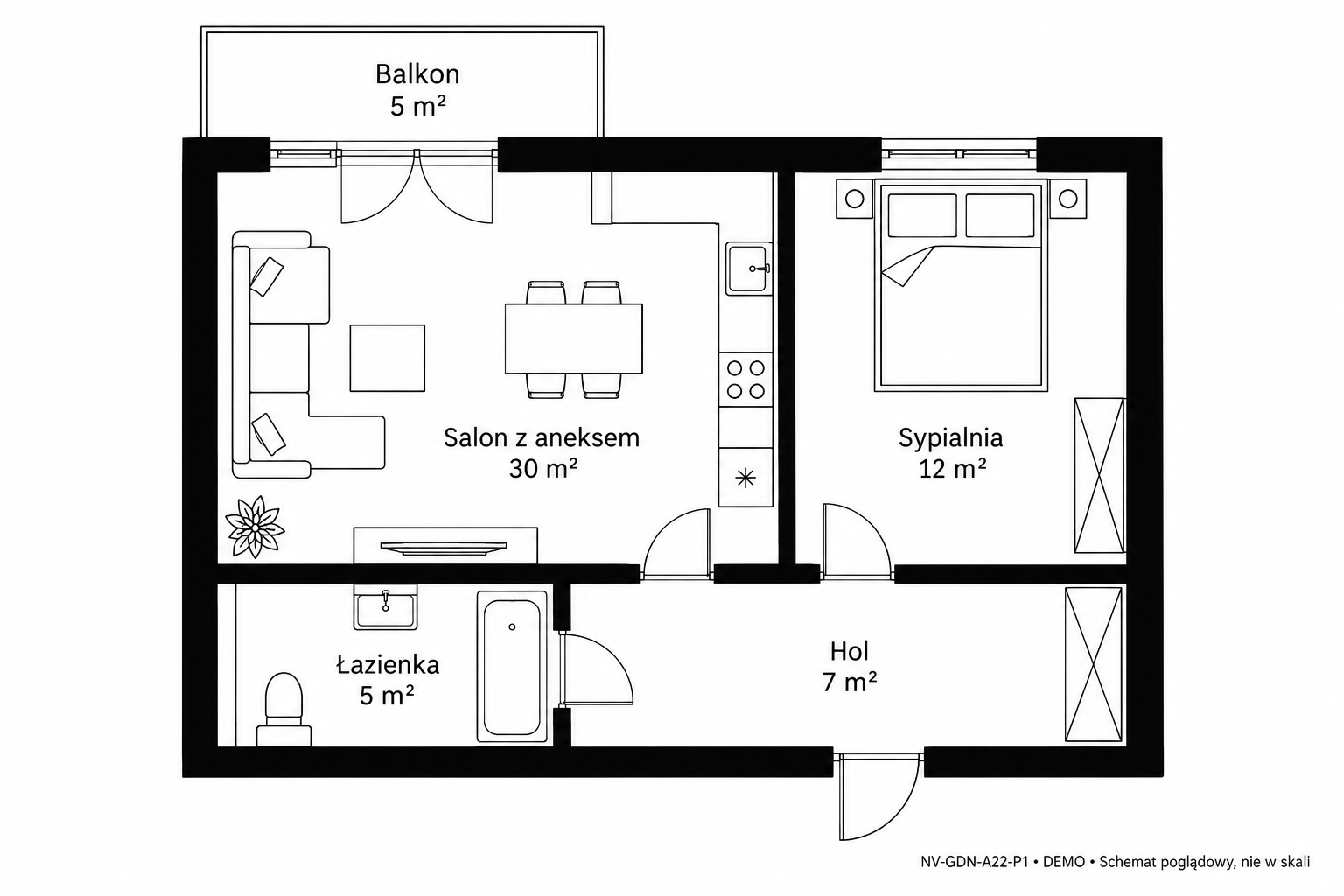Rzut 2D — 54 m² • DEMO