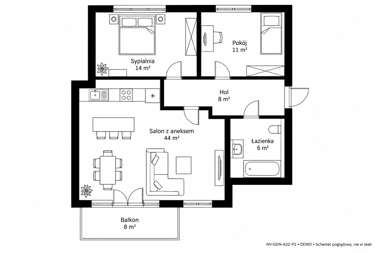 Rzut 2D — 83 m² • DEMO