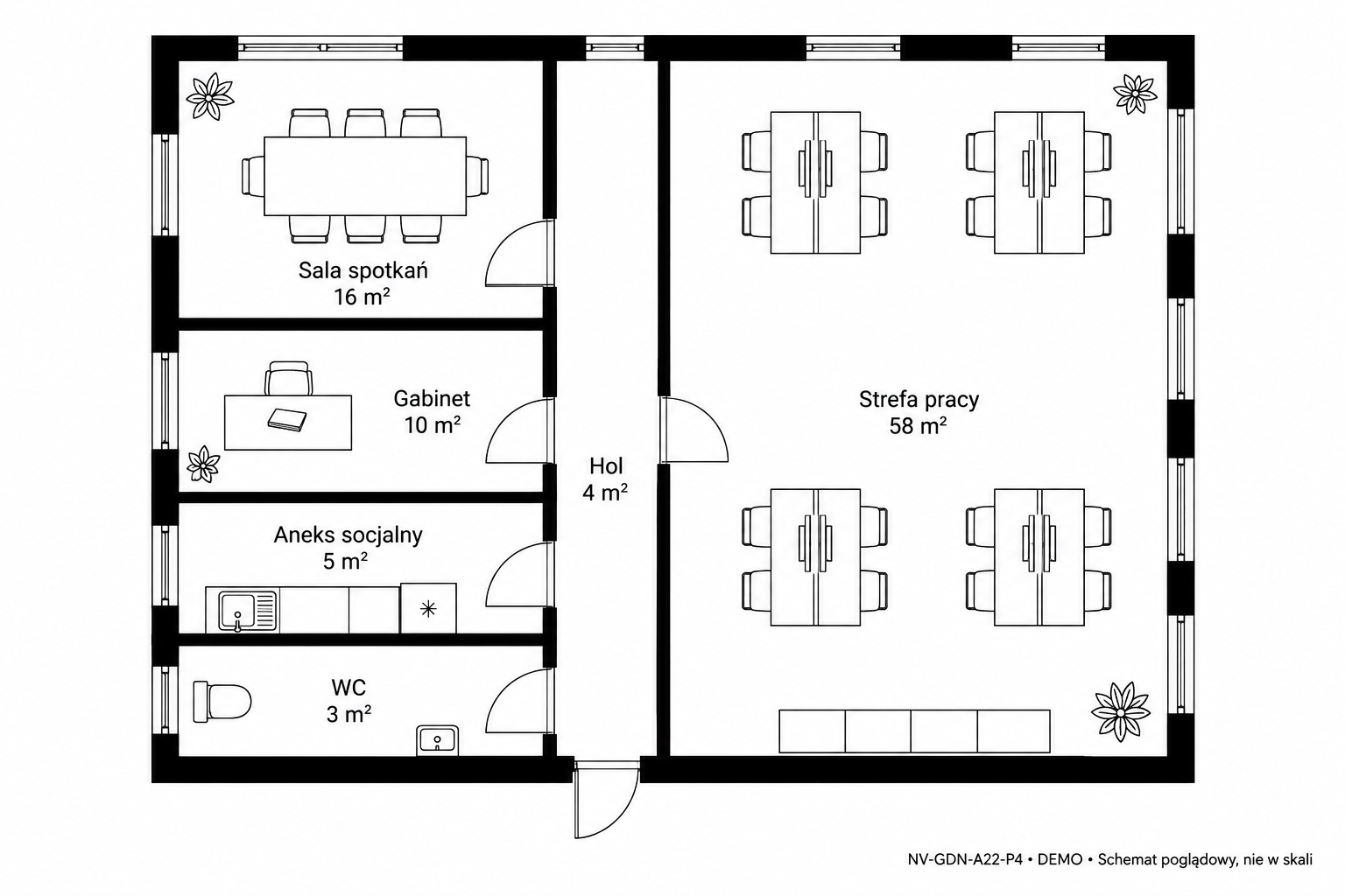 Rzut 2D — 96 m² • DEMO