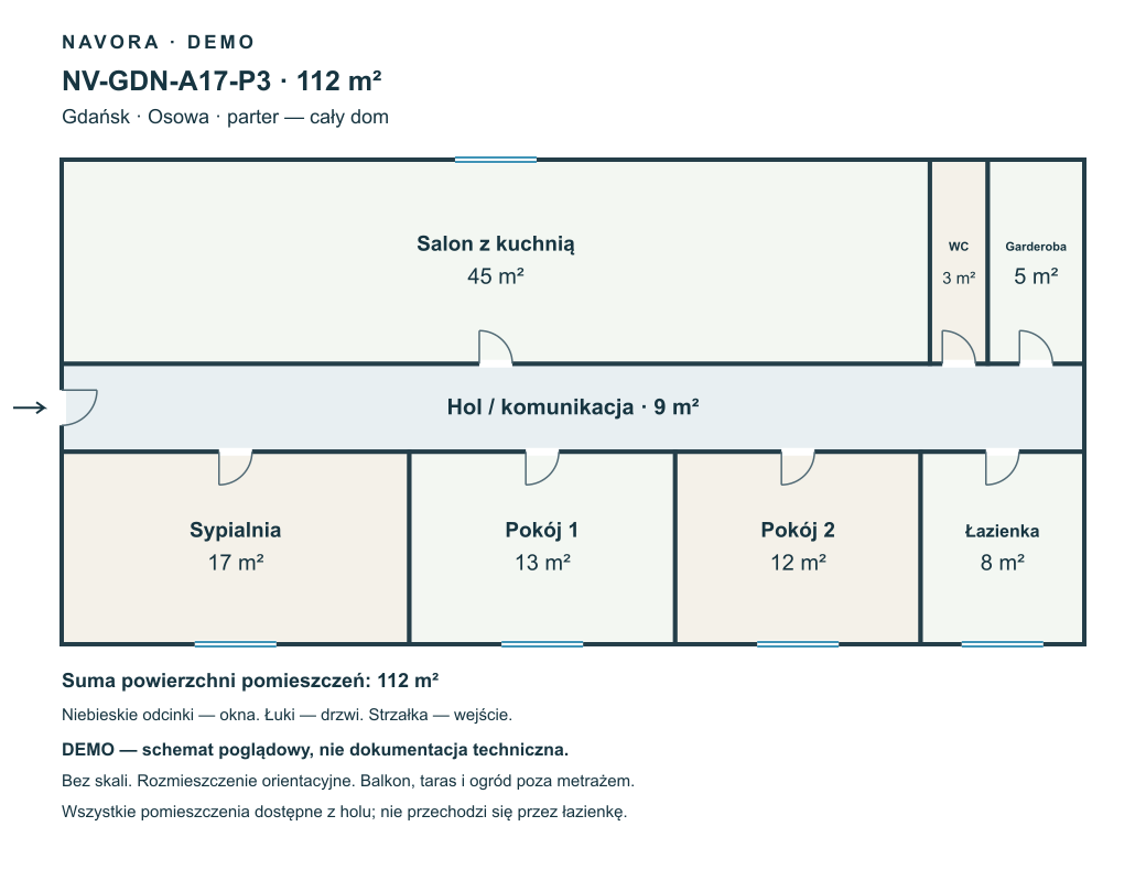 DEMO — schemat 112 m² · parter